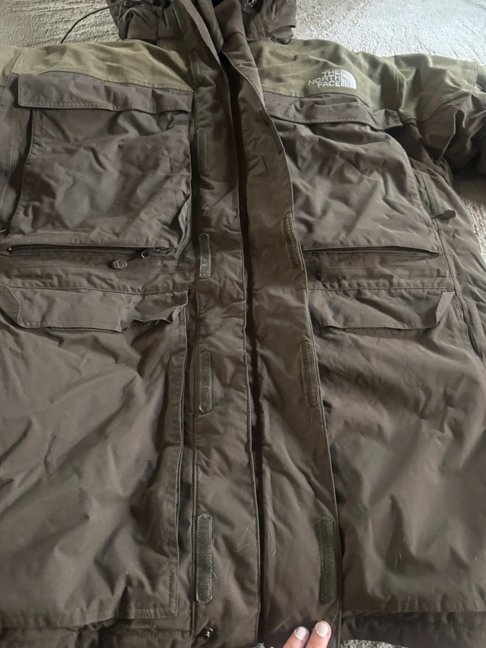 The North Face Olive Green Parka goose down Jacket hooded Hyvent XXL